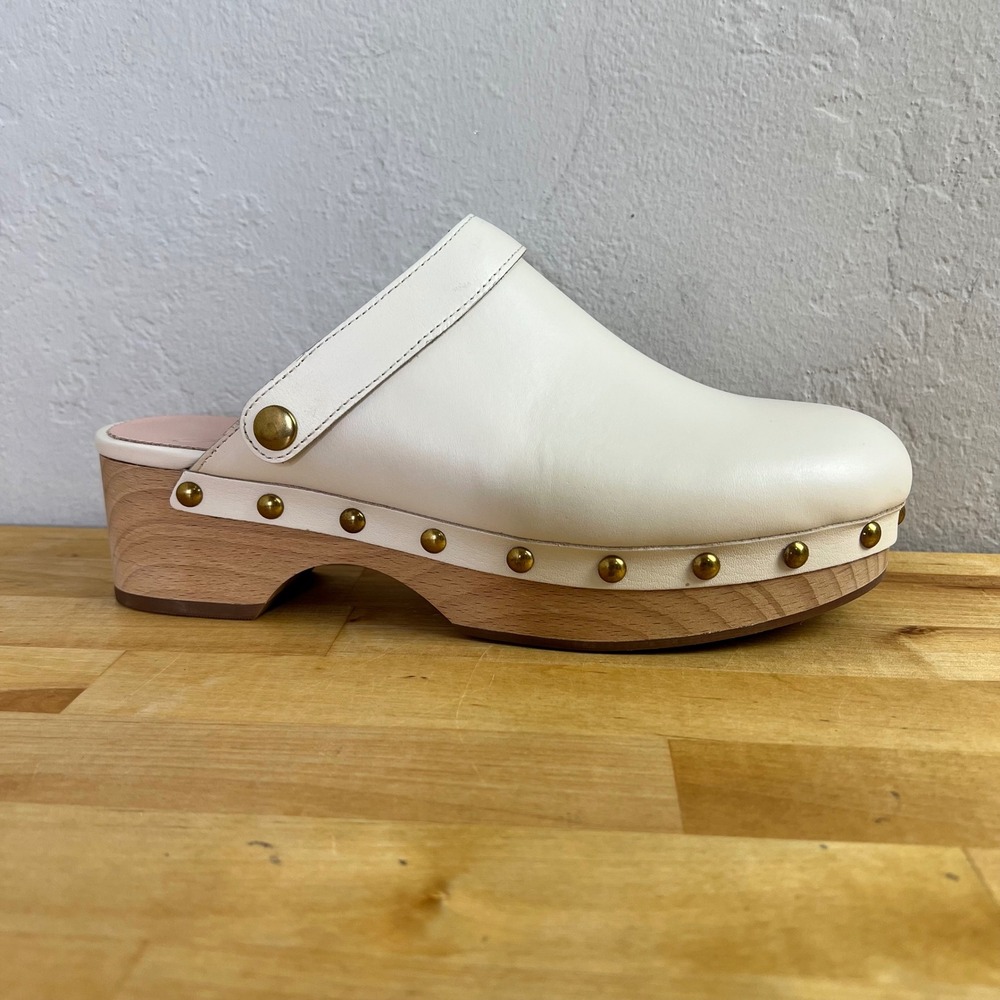 J.Crew Clogs Leather Studded Mules Convertible Size 7.5 Cream Wood Heel Shoes